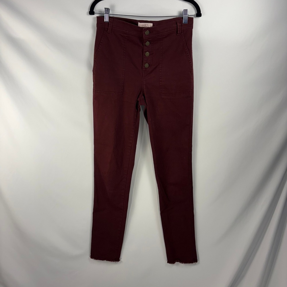 LOFT Women's 4T Tall Burgundy Button Fly High Rise Skinny Jeans Frayed Hem